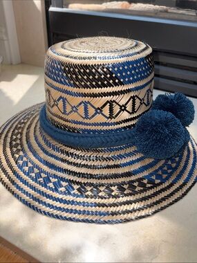 Handwoven Straw Pom-Pom Sun Hat - Blue and Natural